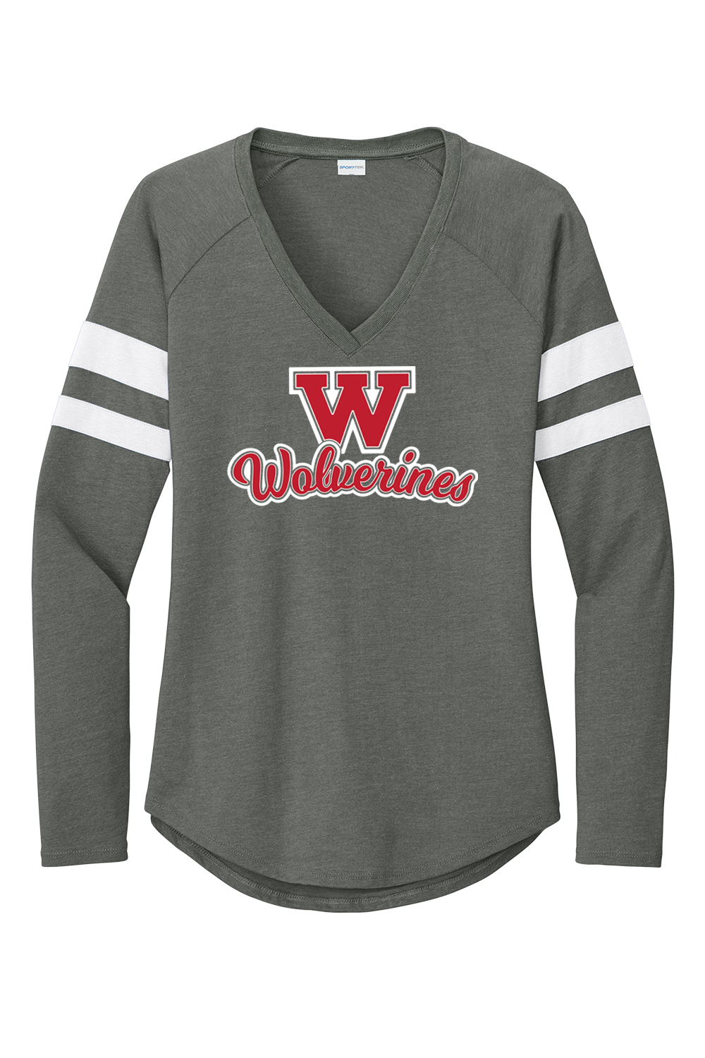 Curved Wolverines Sport-Tek®  Stripe Long Sleeve V-Neck Tee LST6043